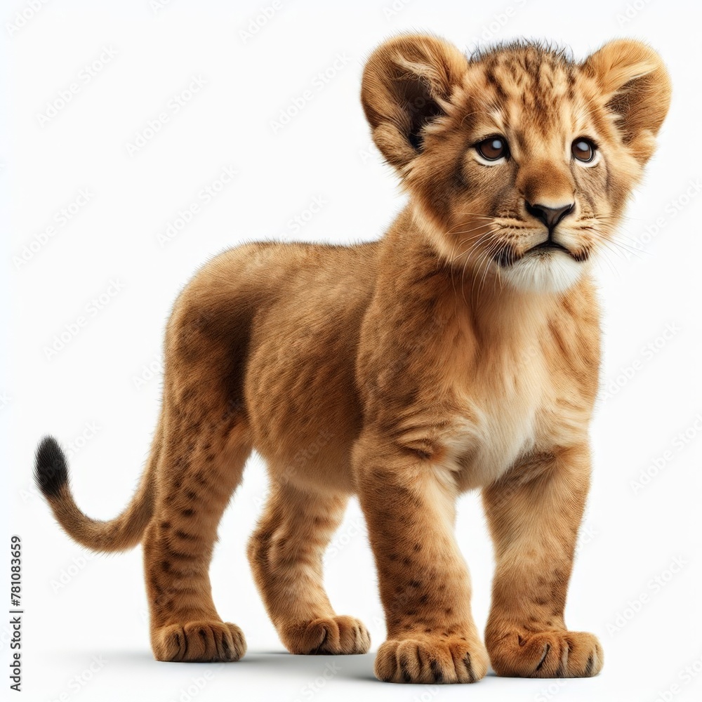 Image of isolated lion cub against pure white background, ideal for presentations
