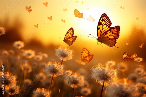 Tranquil scene with soft sunlight and beautiful butterflies fluttering in high resolution