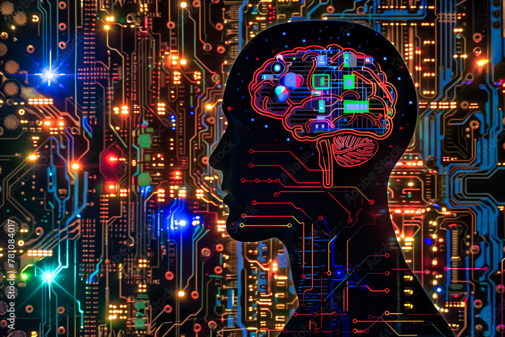 Obraz premium Digital brain and circuitry silhouette