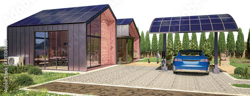 Energy Supply at a Family House With Heat Pump & Solar Charging Station for Electric Car - 3D Visualization