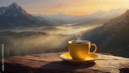 Yellow cup of tea morning in the mountains : Tea moment with sunrise mountain backdrop