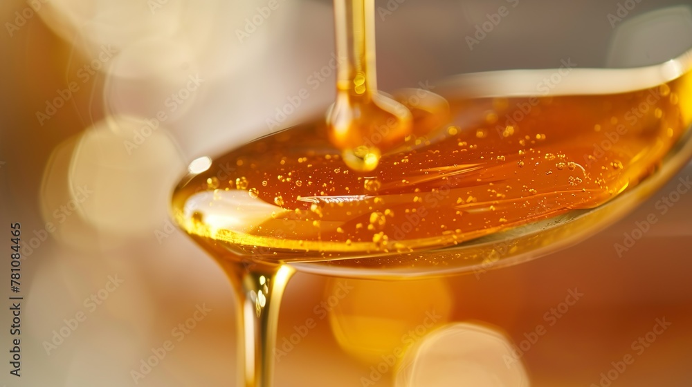 A close-up of honey dripping from a spoon. A close-up of honey dripping from a spoon.