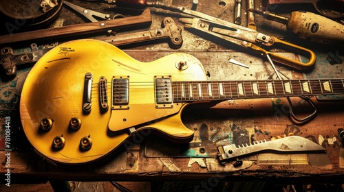 Electric guitar repair. Vintage electric guitar on a guitar repair work shop. Single cutaway solid body guitar, gold color. shallow depth of view, intentionally shot with low key shadows.
