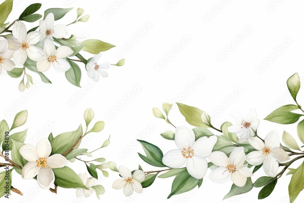 Obraz premium Watercolor edelweiss clipart with small white flowers and green leaves. flowers frame, botanical border, Design template for postcard, invitation, printing, wedding, isolated on white background.