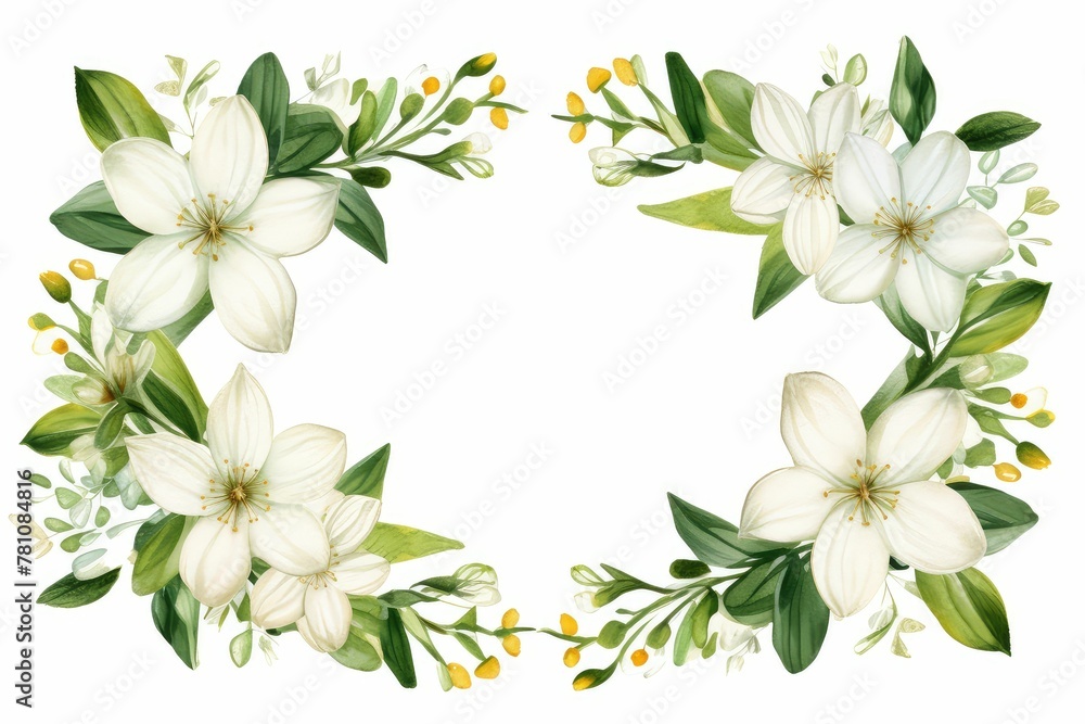 Watercolor edelweiss clipart with small white flowers and green leaves. flowers frame, botanical border, Design template for postcard, invitation, printing, wedding, isolated on white background. Watercolor edelweiss clipart with small white flowers and green leaves. flowers frame, botanical border, Design template for postcard, invitation, printing, wedding, isolated on white background.