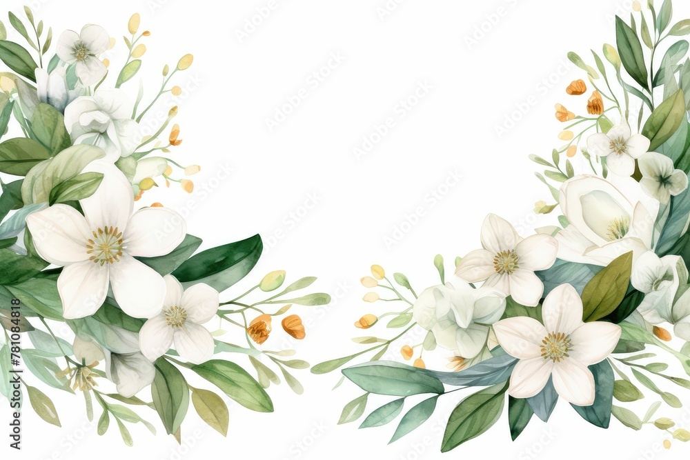 Watercolor edelweiss clipart with small white flowers and green leaves. flowers frame, botanical border, Design template for postcard, invitation, printing, wedding, isolated on white background.