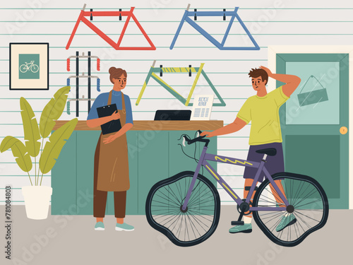 Unhappy cyclist bringing broken bicycle to repair shop garage