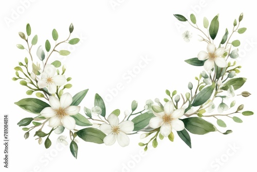 Watercolor edelweiss clipart with small white flowers and green leaves. flowers frame, botanical border, Design template for postcard, invitation, printing, wedding, isolated on white background.