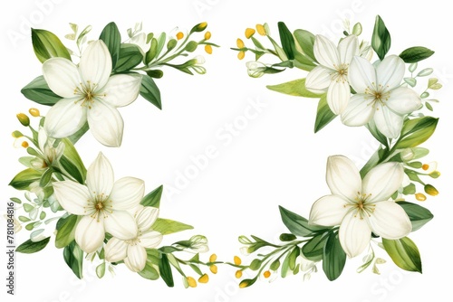 Watercolor edelweiss clipart with small white flowers and green leaves. flowers frame, botanical border, Design template for postcard, invitation, printing, wedding, isolated on white background. © JR BEE