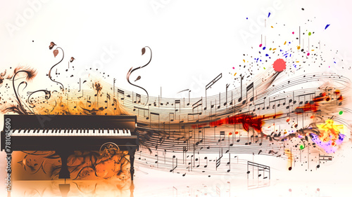 ピアノと音楽の譜面に色彩が歌う優しいアート
