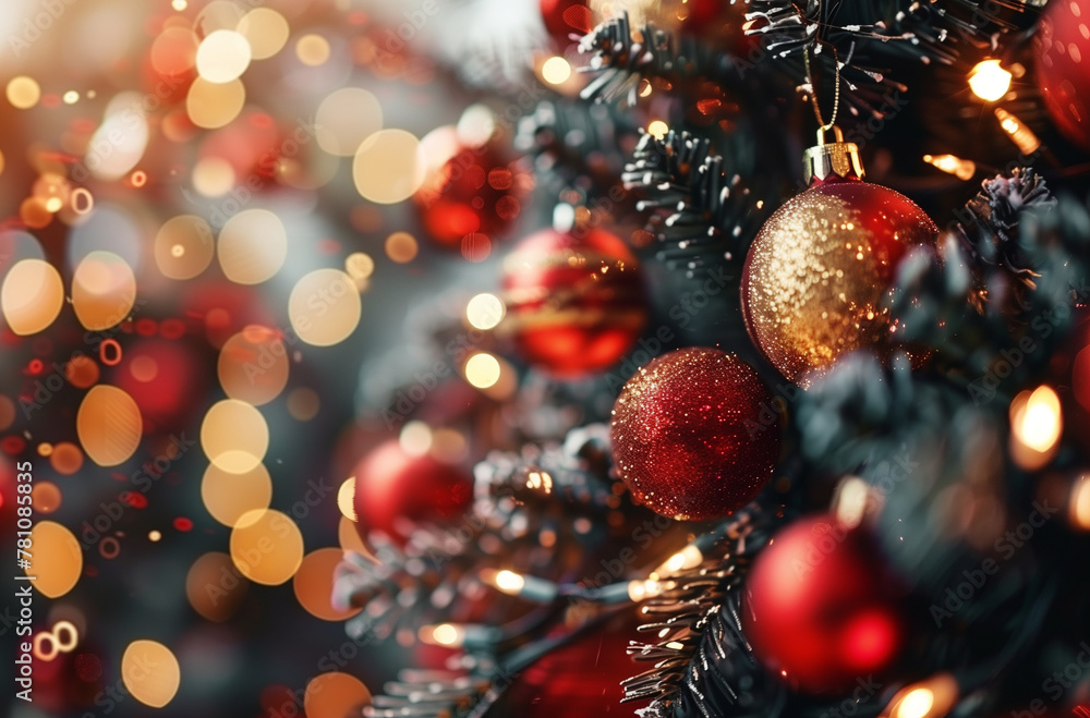 Close-up of Christmas tree with red and gold ornaments, blurred background with bokeh lights and copy space. Festive decoration for holiday season celebration. Closeup shot, copy space