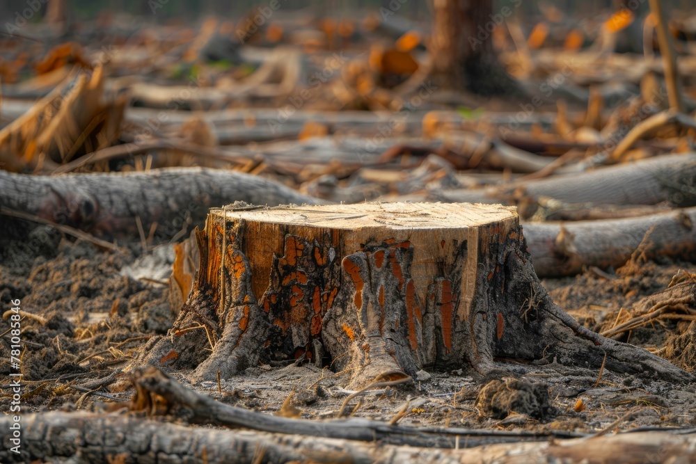 
Close-up shot of a tree stump surrounded by cleared land, illustrating the impact of deforestation