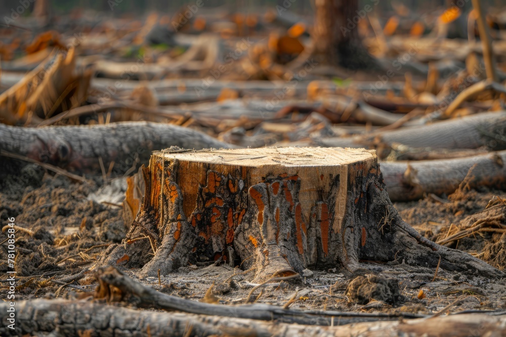 Close-up shot of a tree stump surrounded by cleared land, illustrating the impact of deforestation
Close-up shot of a tree stump surrounded by cleared land, illustrating the impact of deforestation