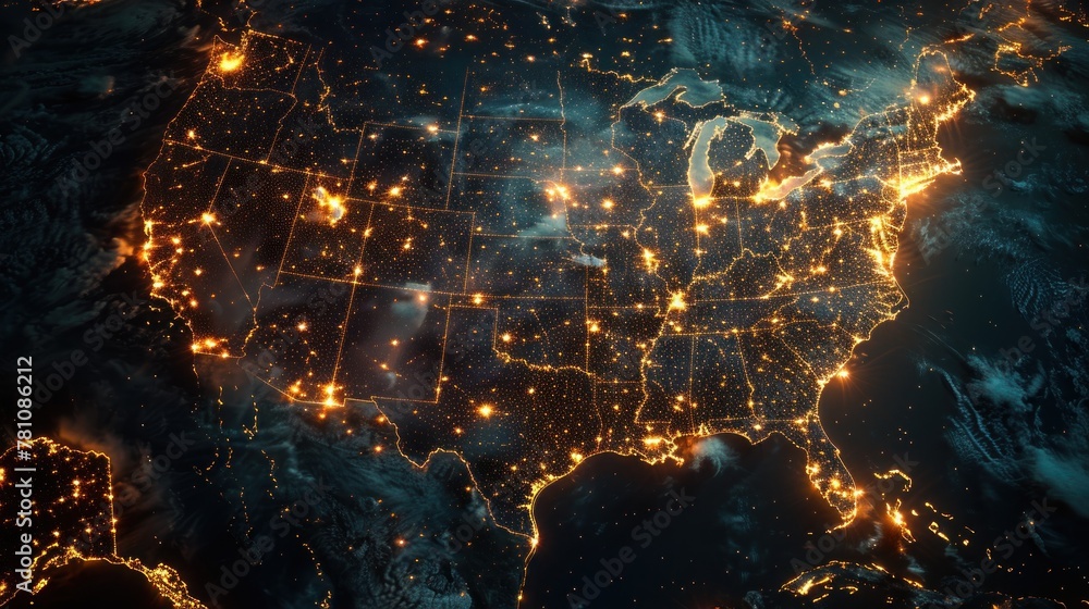 This image depicts the USA map glowing with network and data connections across cities during nighttime, symbolizing communication and technology