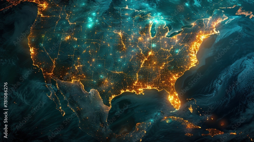 A mesmerizing satellite perspective features the USA with vividly lit network paths demonstrating its technological and infrastructure prowess A mesmerizing satellite perspective features the USA with vividly lit network paths demonstrating its technological and infrastructure prowess