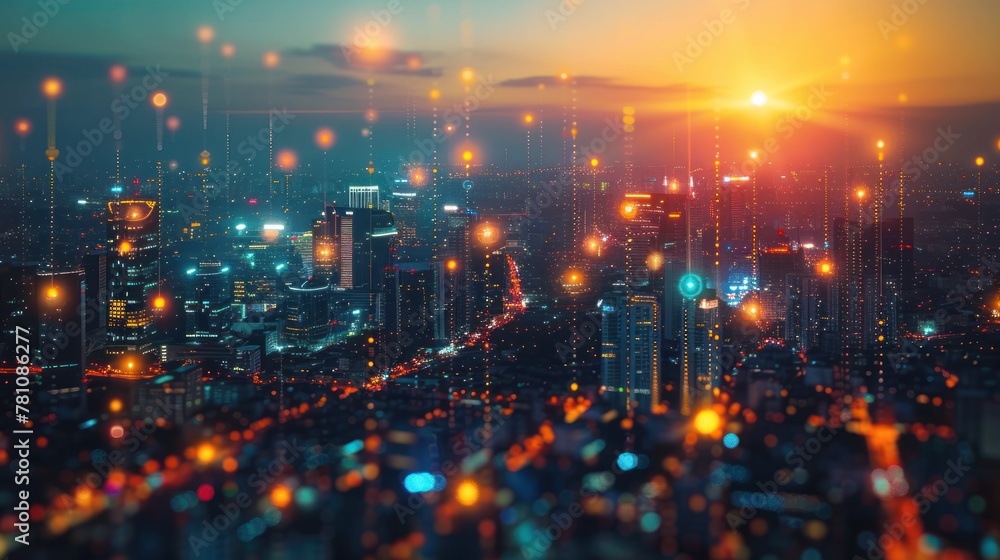 The aerial shot captures a bustling city at sunset with added digital effects of glowing lines symbolizing network and data