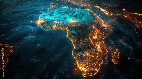 The image shows the Africa continent with glowing golden lights, delineating the populous areas photo