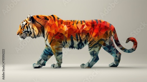 A striking artwork blending a realistic tiger head with a body composed of vivid geometric patterns against a neutral background. Generative AI photo