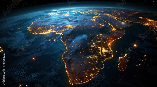 Earth's image at night featuring Africa and its surrounding areas with city lights visible