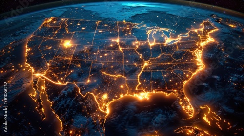 A striking view of America from space, with bright network lines showing communication and travel routes