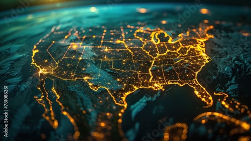 The United States lights up with a network grid emphasizing technology and infrastructure in the night