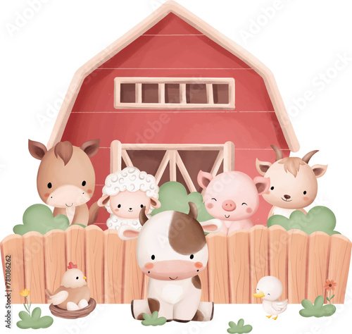 Watercolor Illustration Cute Farm Animals and Farm House3