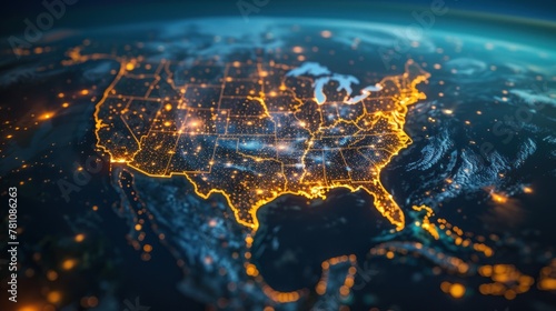 A stunning visual of the United States highlighted with bright network connection lines representing communication or travel pathways