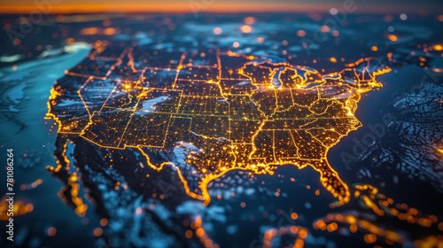 This image captures the breathtaking sight of the United States at twilight with a network of glowing connections illustrating communication links