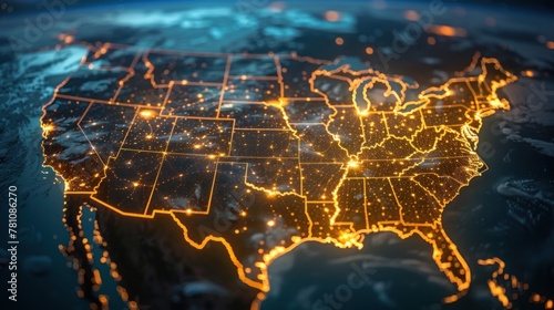 The United States is featured with its network highlighted by luminous lines symbolizing communication or travel routes across the country