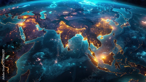 A digital composite global map showcasing worldwide connectivity with illuminated lines representing international links