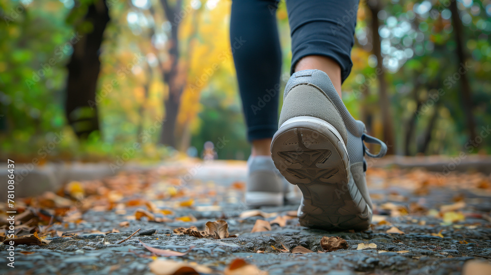Close up portrait view of woman feet walking in forest path covered with trees and leaves Close up portrait view of woman feet walking in forest path covered with trees and leaves