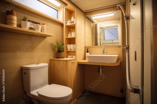 A compact bathroom in a tiny home on wheels with space-saving solutions photo