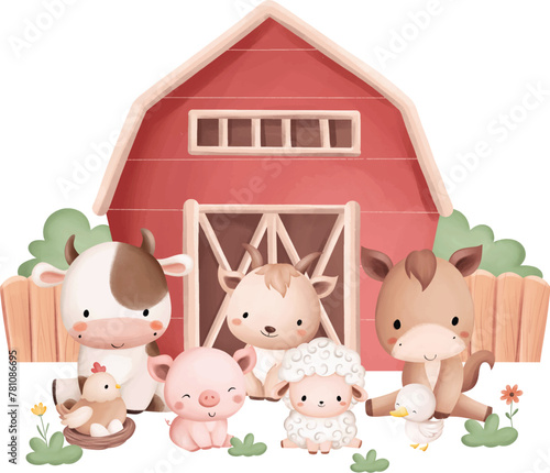 Watercolor Illustration Cute Farm Animals and Farm House3