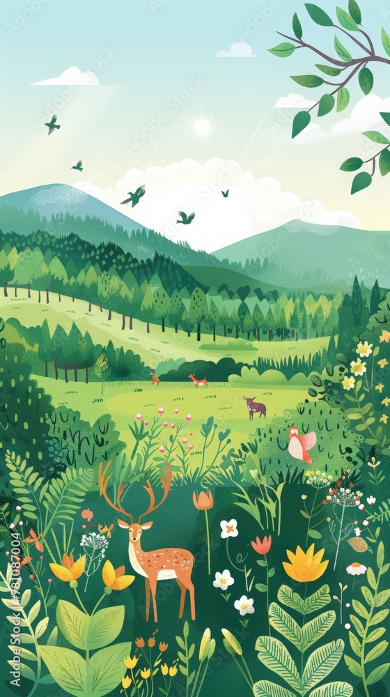 Naklejka premium Craft a vector scene showcasing a peaceful field with diverse plant life and animals, ideal for tranquil card designs.