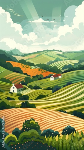 Craft a vibrant vector scene of rolling hills, lush fields, and farms, incorporating a rich palette for stunning cover designs.