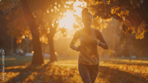 African fitness woman running on park in the morning, sunlit outdoor background