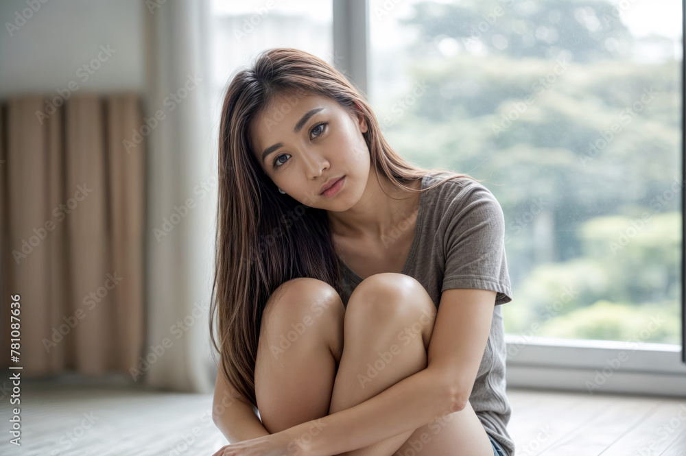 Young Woman Sitting on Floor, Hugging Legs Young Woman Sitting on Floor, Hugging Legs