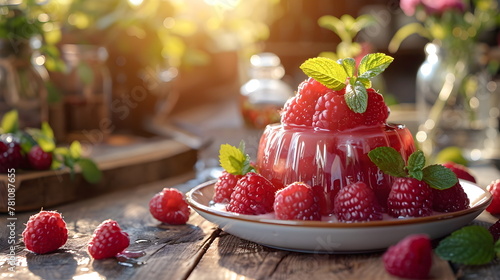 Strawberry dessert. Strawberry jelly, panna cotta with strawberry in a dish on a wooden background. Summer dessert with fruit jelly and fresh strawberry.