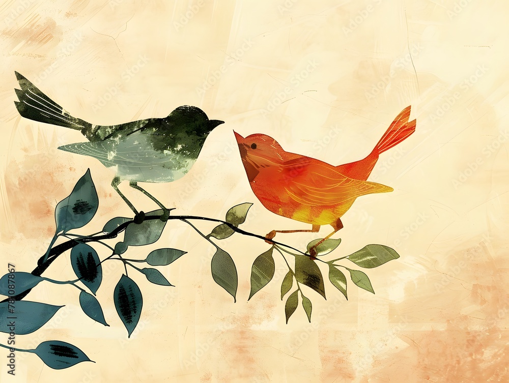 Hand-painted illustration, two birds playing in the branches
