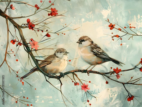 Hand-painted illustration, two birds playing in the branches © Valentin