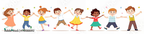 Illustration of a group of children dancing next to each other, holding hands in different poses on a white background