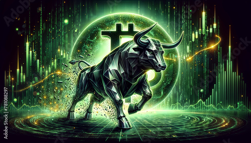 Bitcoin coin with silver bull and stock chart isolated on black. Bullish market of BTC