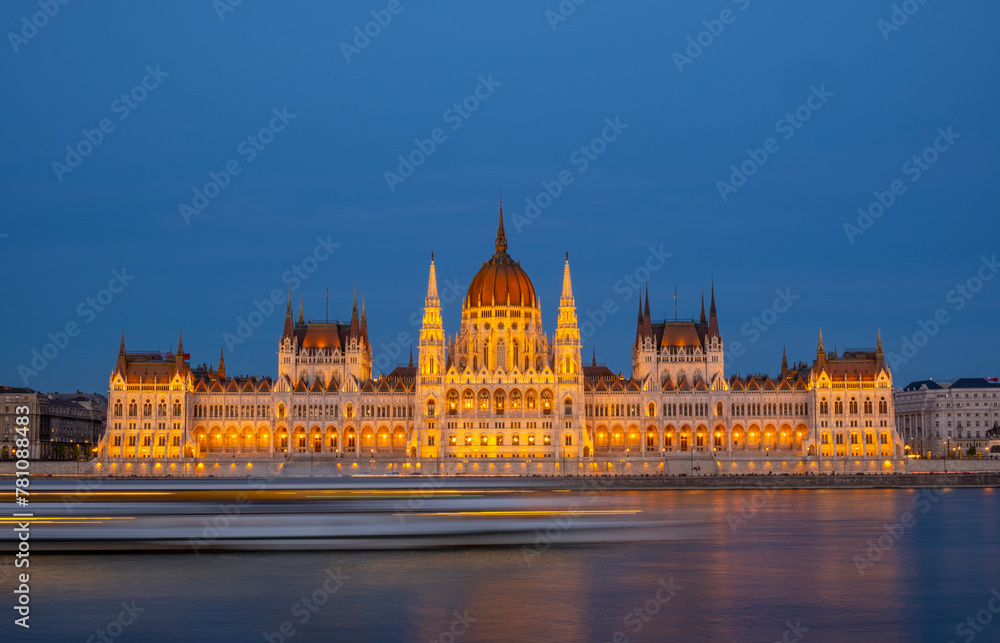 Naklejka premium Incredible front view on Parliament building in Budapest with fantastic perfect sky and reflection in water. calm Danube river. Popular Travel destinations. creative image used as background.