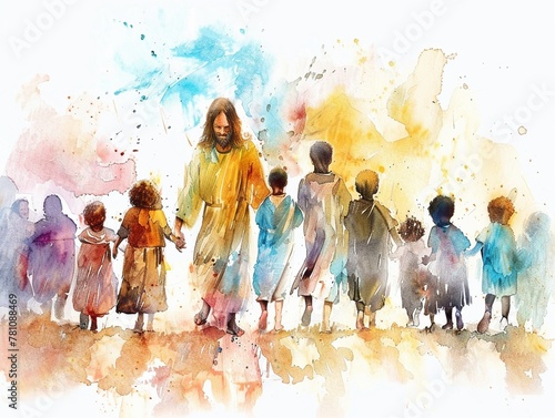 Illustration of Jesus walking with children of different nationalities in soft watercolors