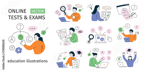 Students passing online test, having exam in college, choosing answers on laptop. Distant education. Set of compositions with questions and checkboxes, colored vector illustrations of cartoon people