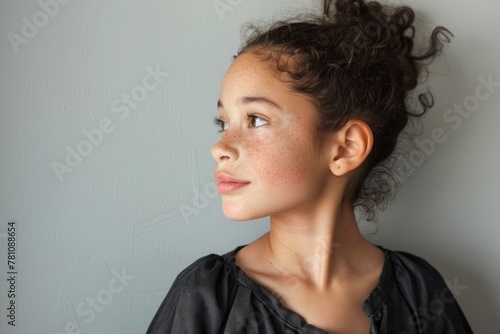 Girl with vitiligo on her neck, confidently displaying her depigmented patches, expressing strength and self-acceptance photo