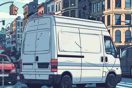 Illustration of a delivery van running through city traffic