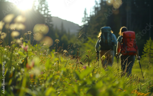 Group of hikers trekking through nature, captured from behind - outdoor adventure, scenic trail, group activity.