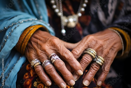 
An intimate close-up of a middle-aged female Bedouin, her weathered hand adorned with traditional jewelry, contrasting against the soft hues of her attire photo