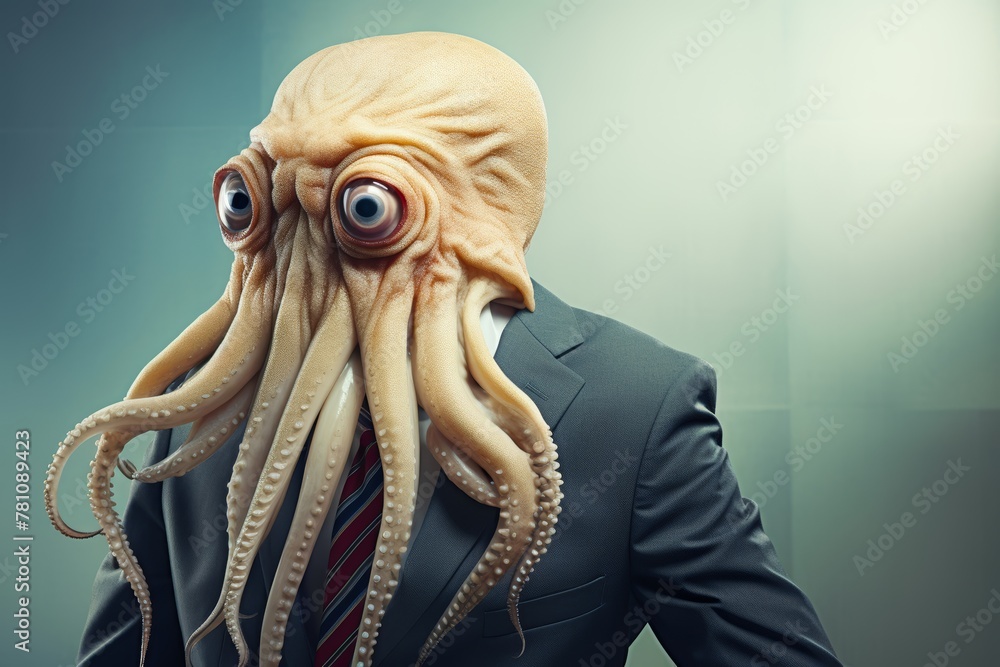 Business man professional with the head of a squid, embodying ...